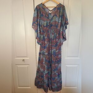 Anthropologie Boemo Blue Paisley Tiered Kimono Sleeves Long Maxi Dress Size M